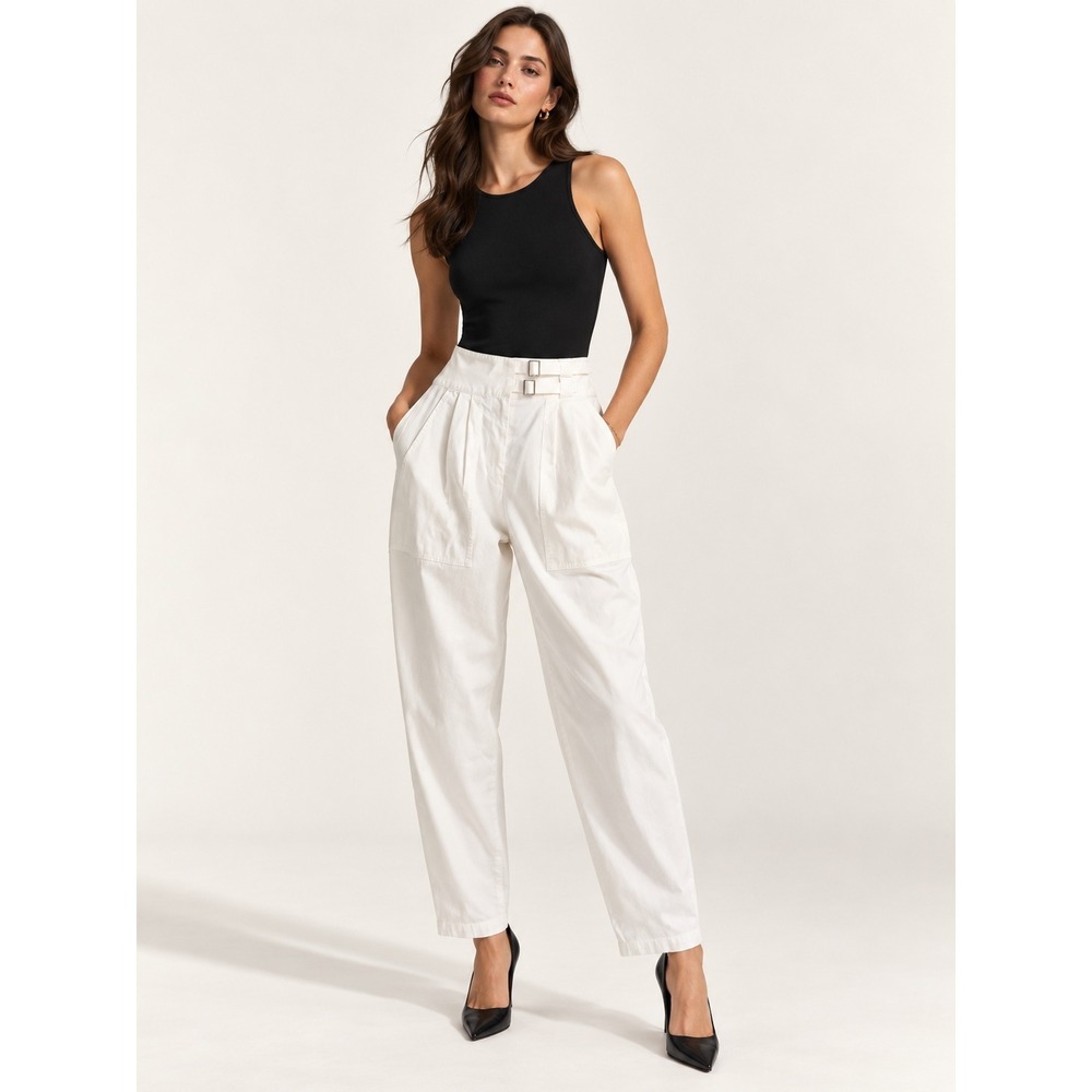 Nili Lotan Shon Pants White High Waist Double Buckle Utility Trousers Size 00